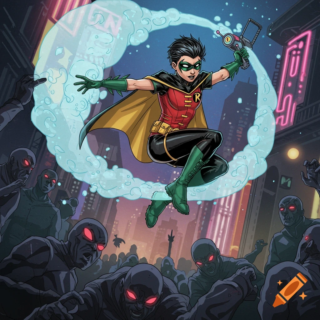 Robin superhero leaps above zombie-like figures in a city, using a gas gadget, comic art style.