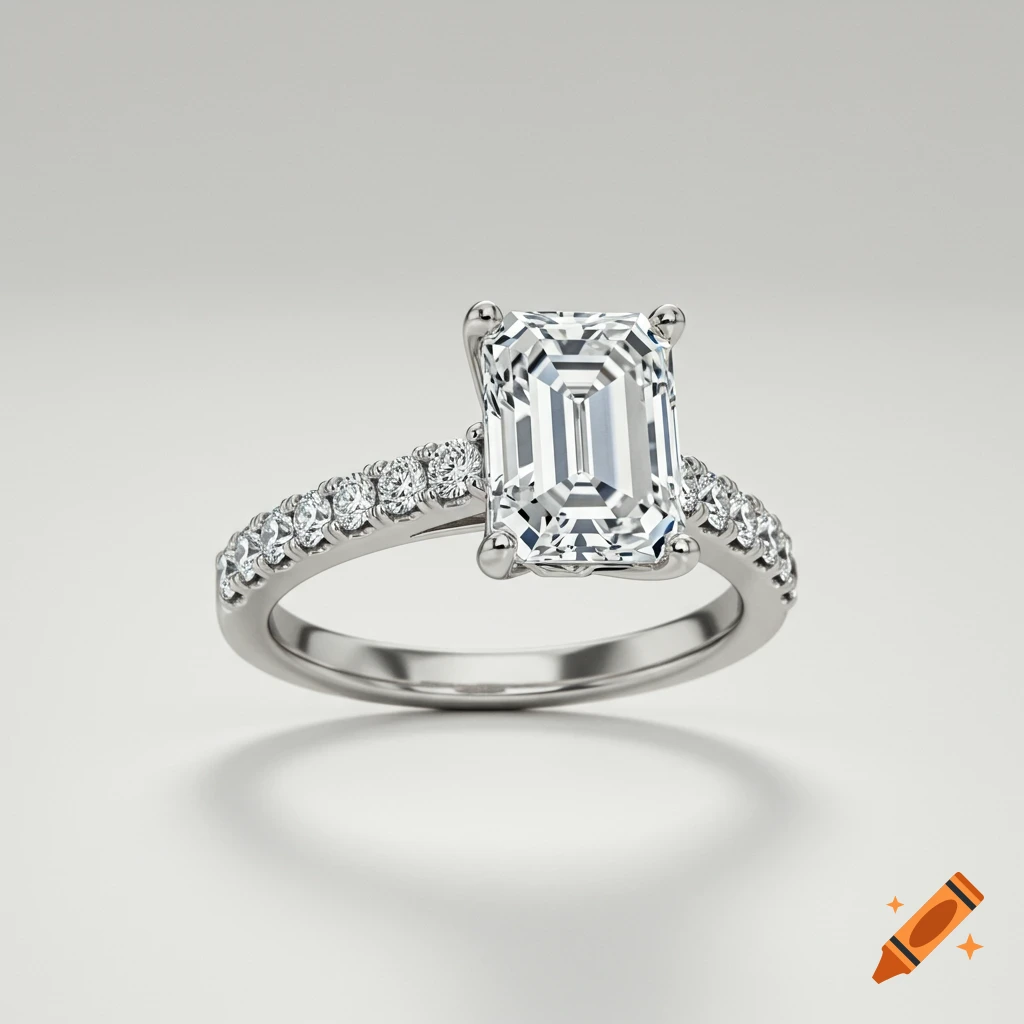 A silver engagement ring with a large emerald-cut diamond center stone and smaller diamonds on the band.