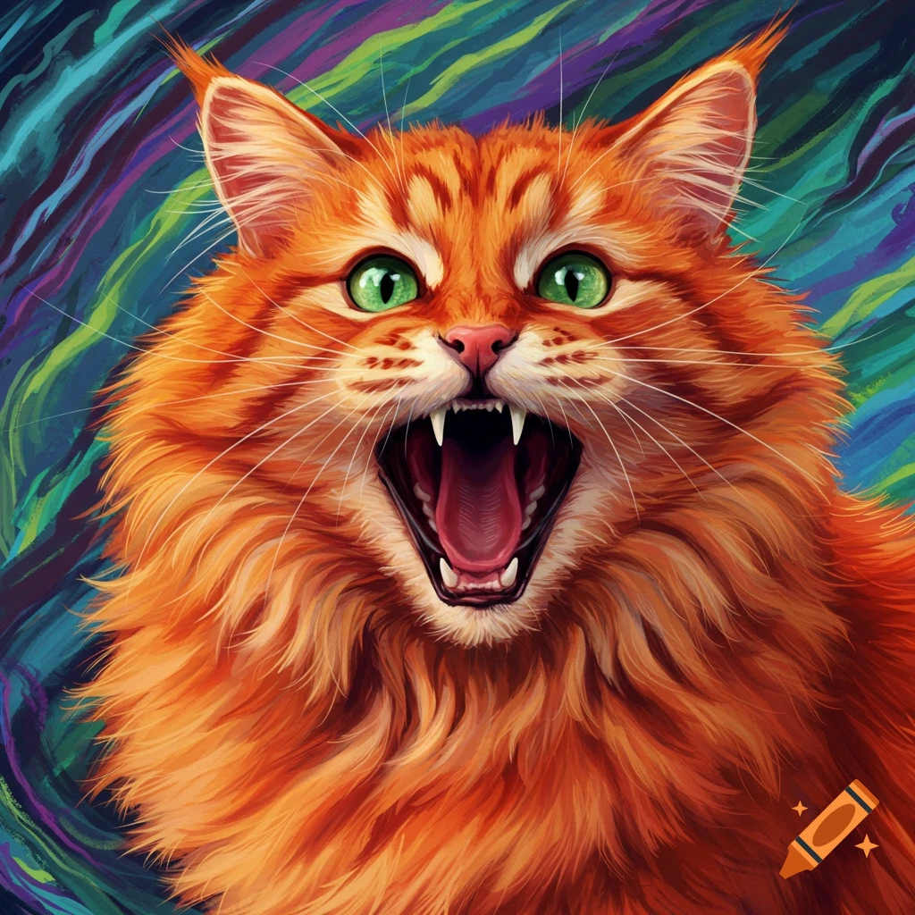 An orange cat screaming with a colorful background.