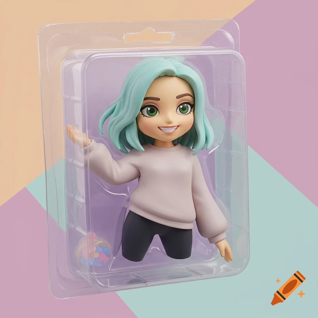 A chibi-style figurine of a smiling young woman in clear plastic packaging against a pastel background.