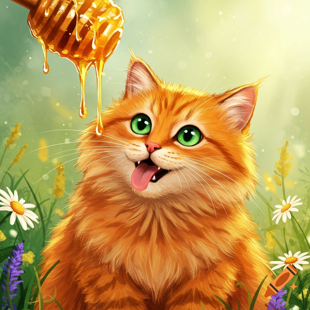 An orange cat licking honey from a dipper in a field of flowers.