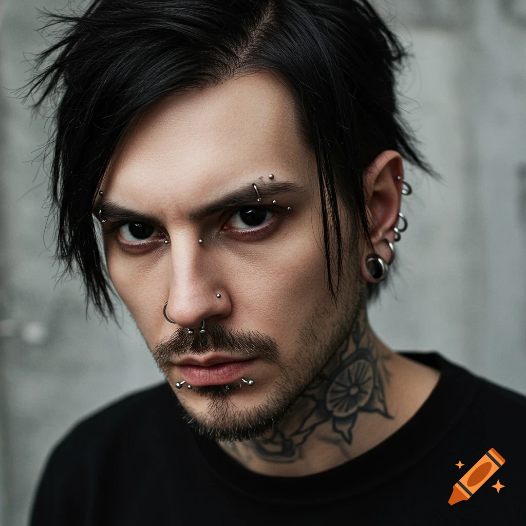 Close-up photorealistic portrait of a man with facial and ear piercings and a neck tattoo.