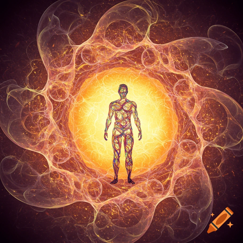 A colorful human figure surrounded by swirling orange energy