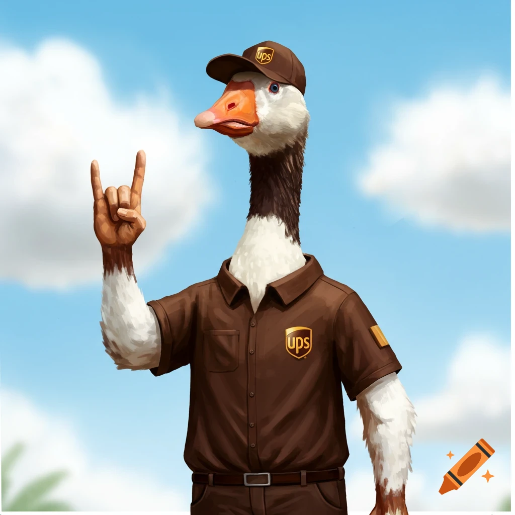 A goose in a UPS uniform doing a rock sign.