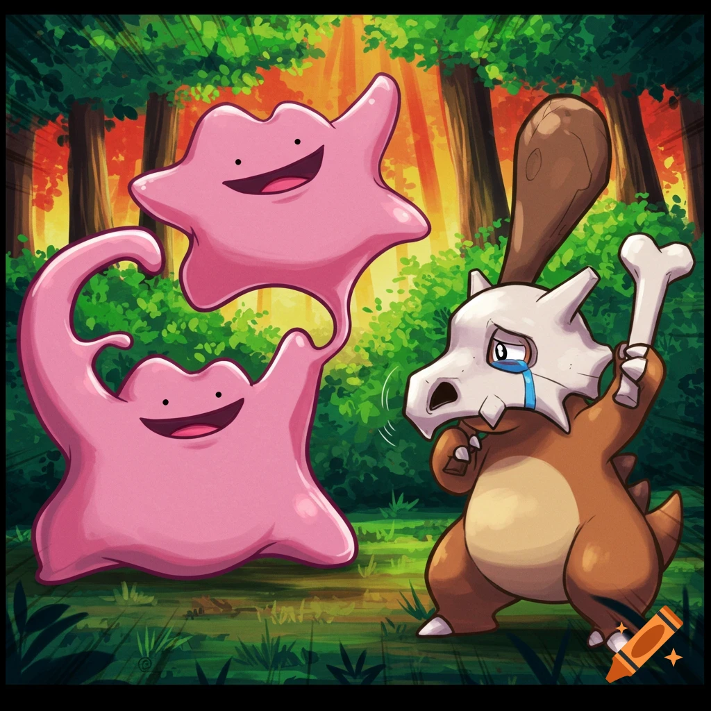 Two pink Ditto and a brown Cubone in a forest. One Ditto holds the other as a crying Cubone holds a bone club.