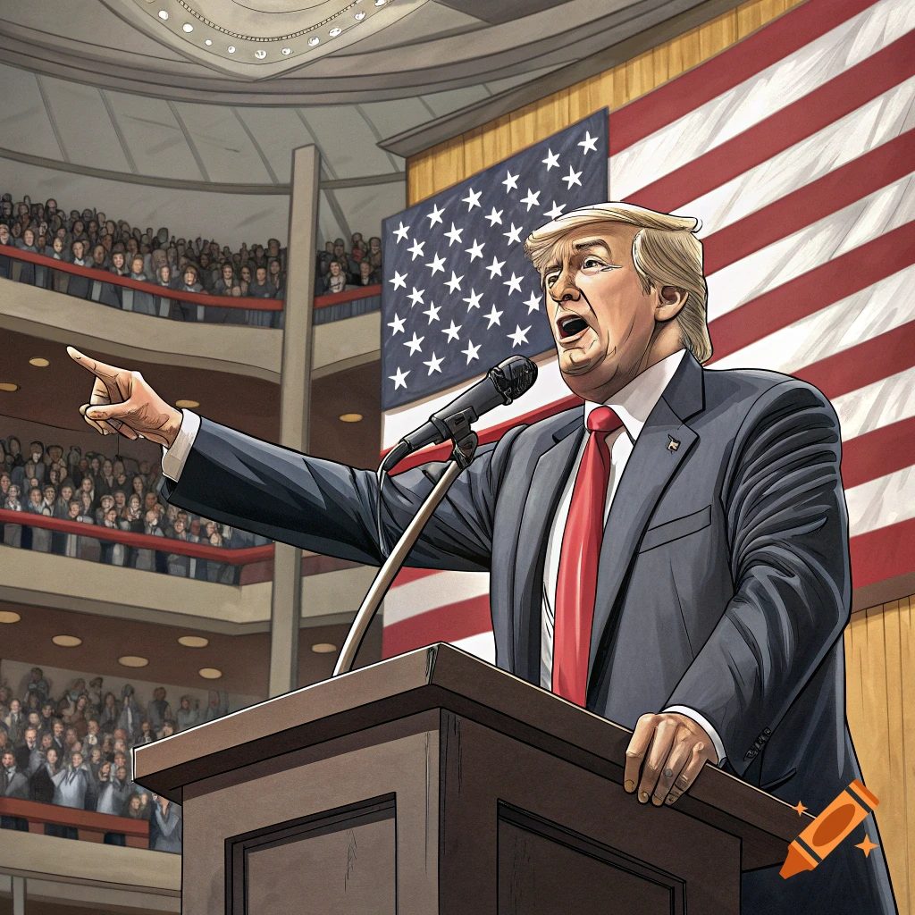 Illustration of Donald Trump giving a speech at a podium in front of an American flag.