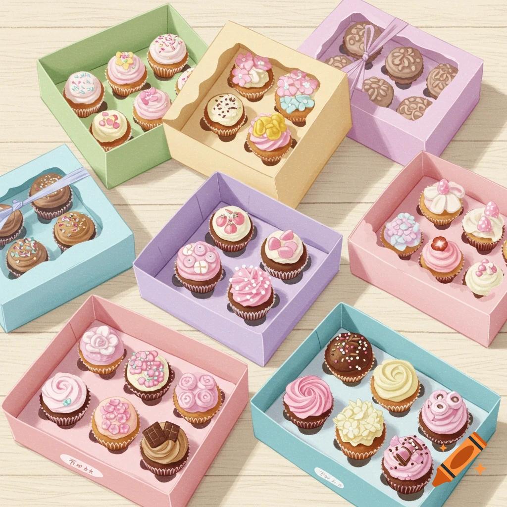 Colorful boxes filled with decorated cupcakes are on a wooden surface.
