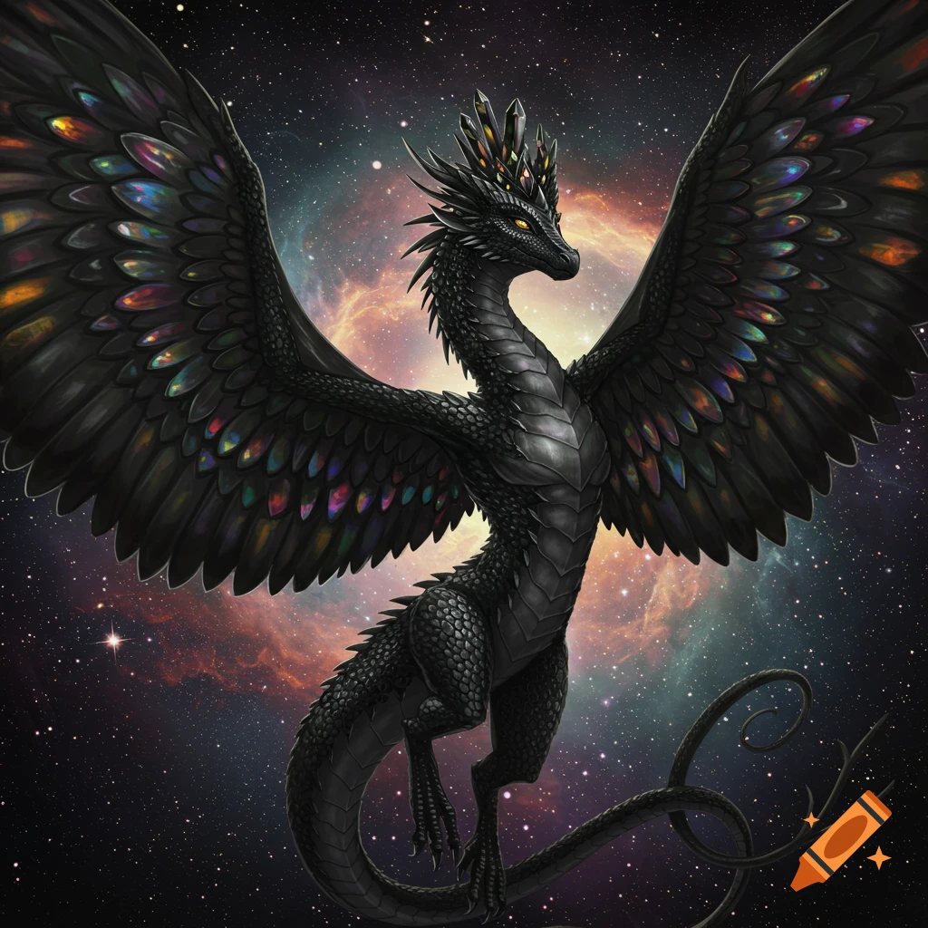 A black dragon with spread wings against a starry nebula background.