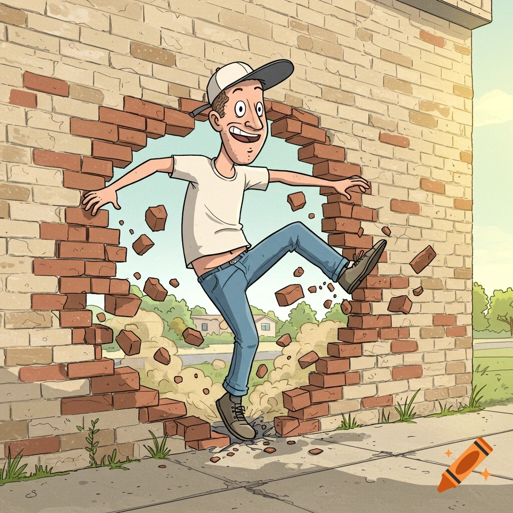 Cartoon man in a baseball cap kicking through a brick wall.