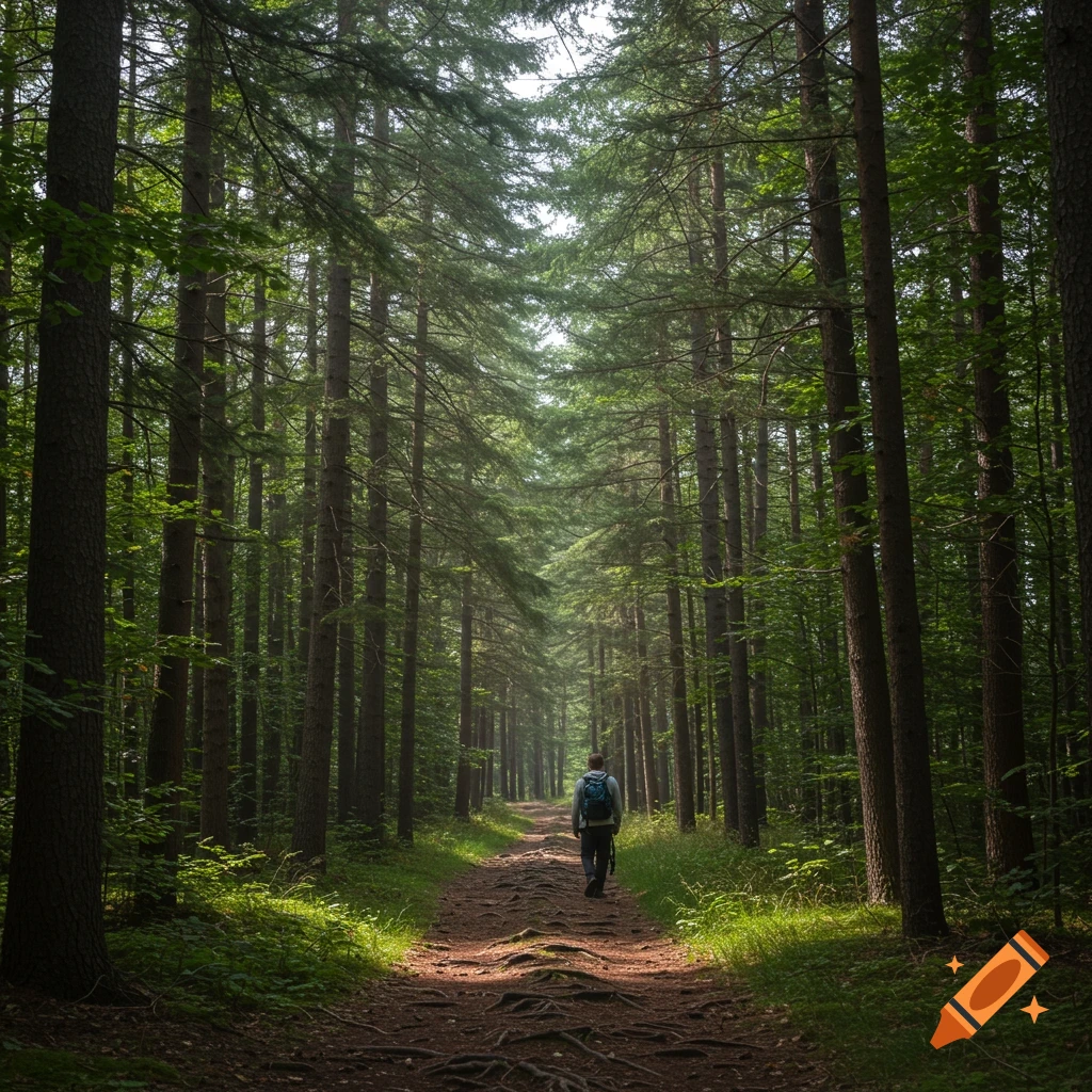 A person walks down a root-covered path through a dense, sunlit forest.