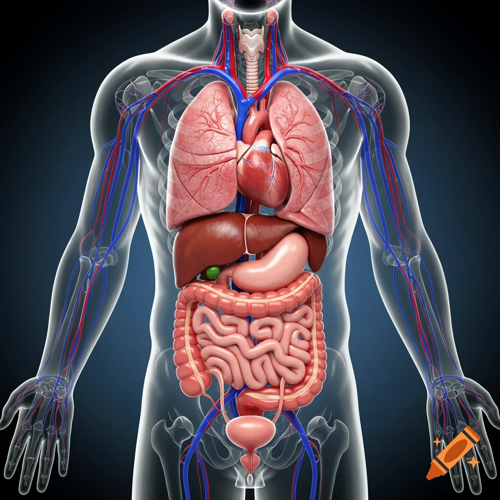3D diagram showing human internal organs: lungs, heart, liver, stomach, intestines, bladder, and circulatory system.