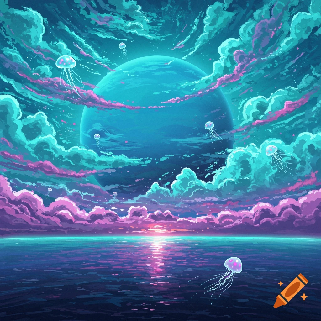 A large blue planet hangs above an ocean at sunset. Glowing jellyfish float among colorful clouds.