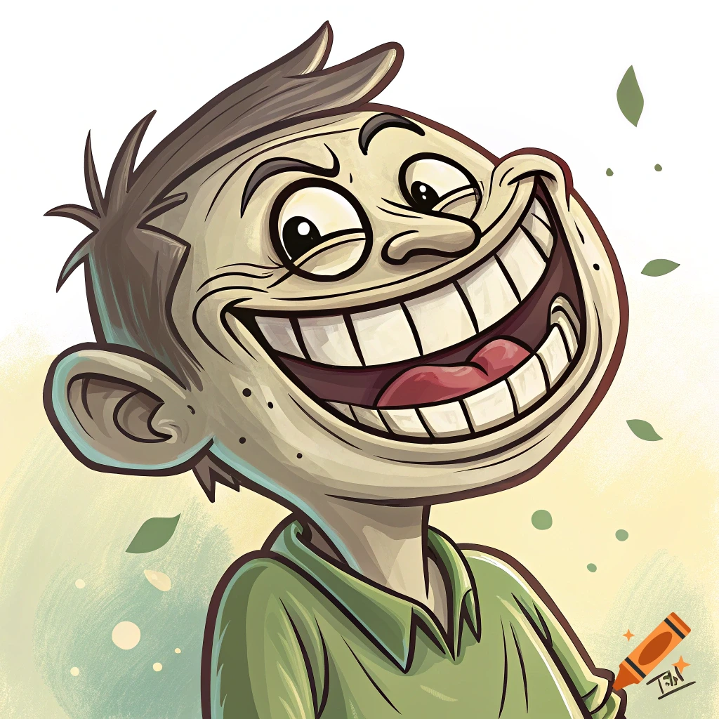 Cartoon illustration of a face with a wide grin, wide eyes, and pointy nose, resembling the Trollface meme.