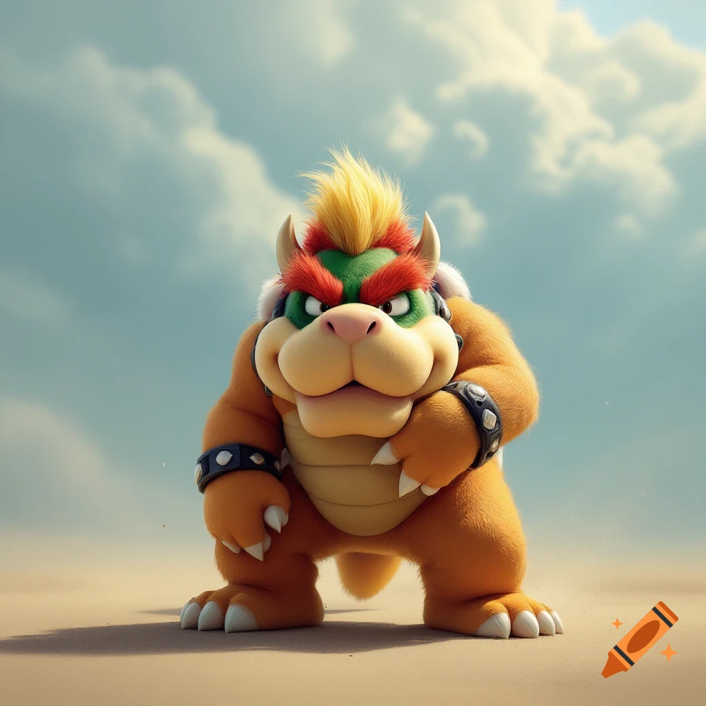 Bowser standing in a sandy landscape under a cloudy sky.