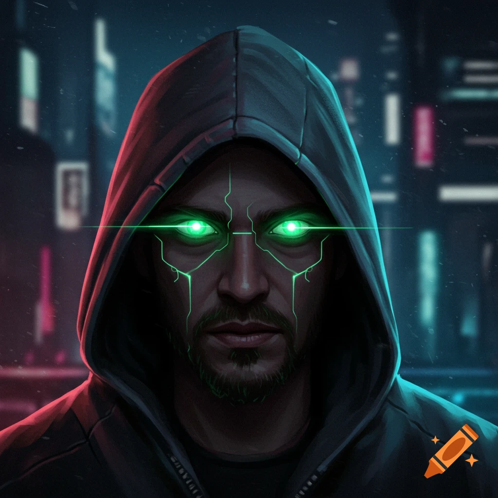 A cyberpunk portrait of a man in a hoodie with glowing green eyes and facial cybernetics.