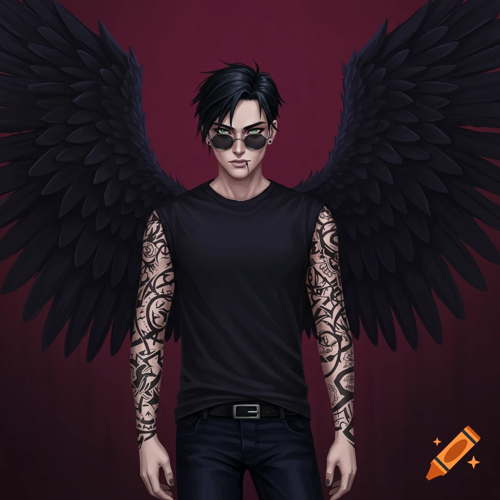 A person with black hair, sunglasses, extensive arm tattoos, and large black wings.