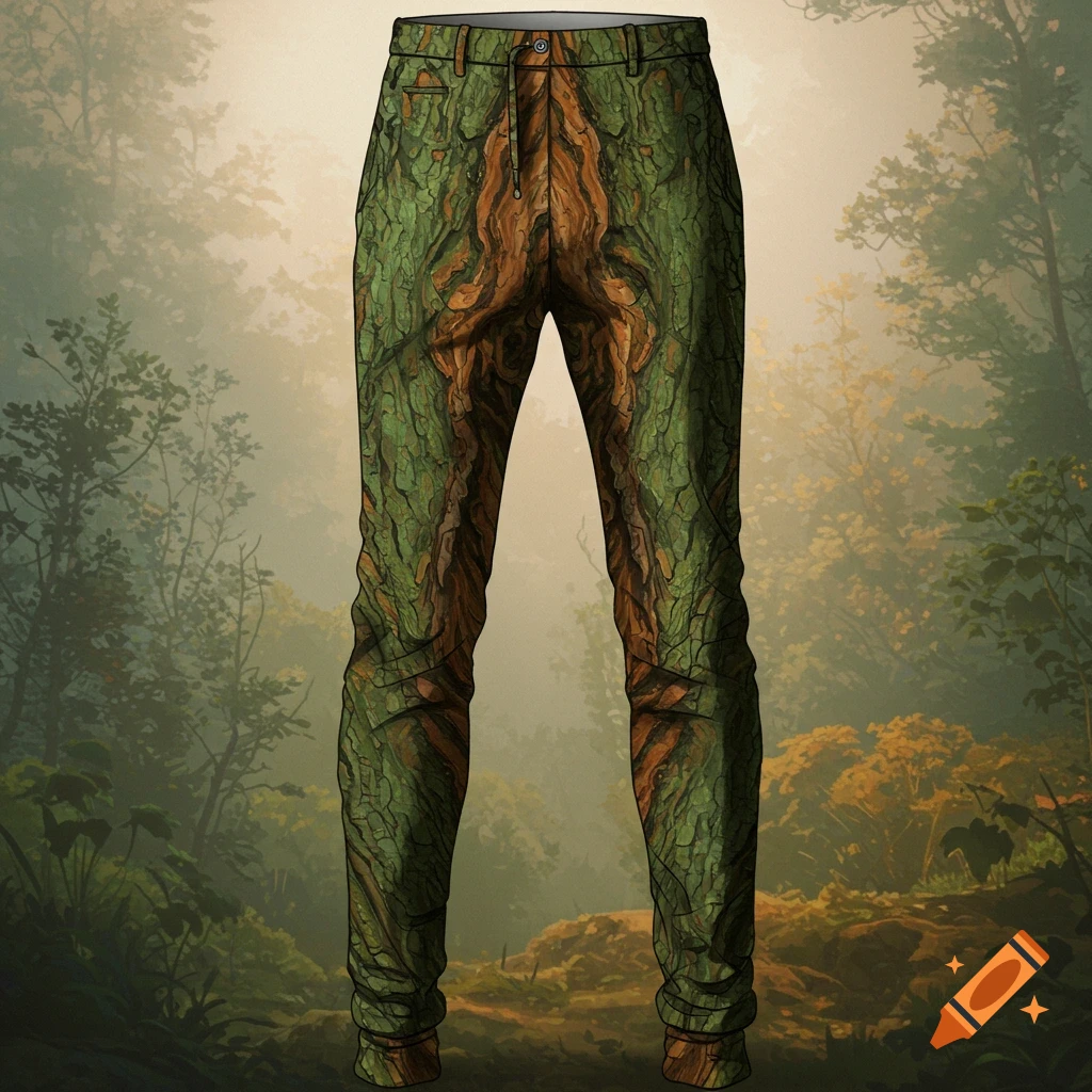 Menswear pants with a tree bark pattern, set in a forest.