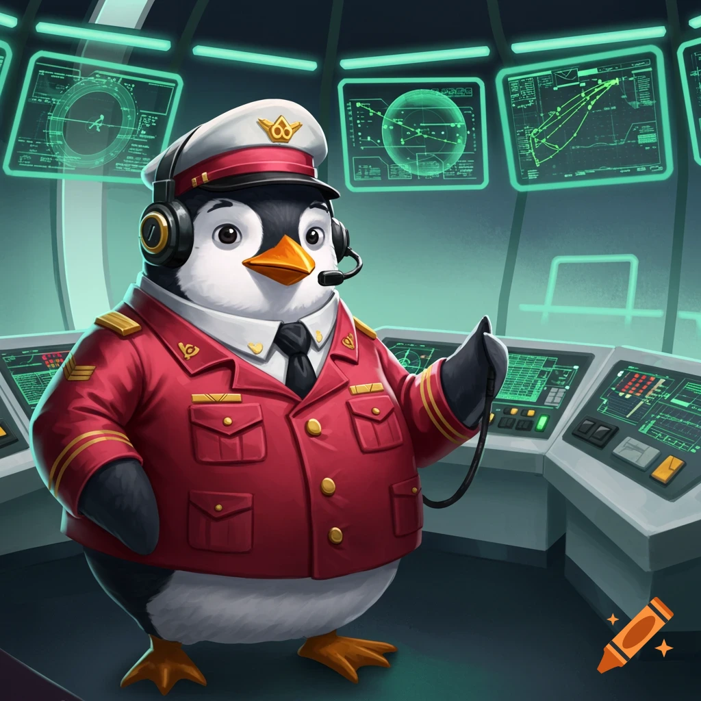 Cartoon penguin air traffic controller in a control room.