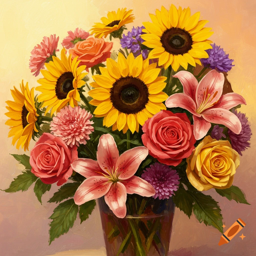 A vibrant bouquet of sunflowers, lilies, and roses in a vase.