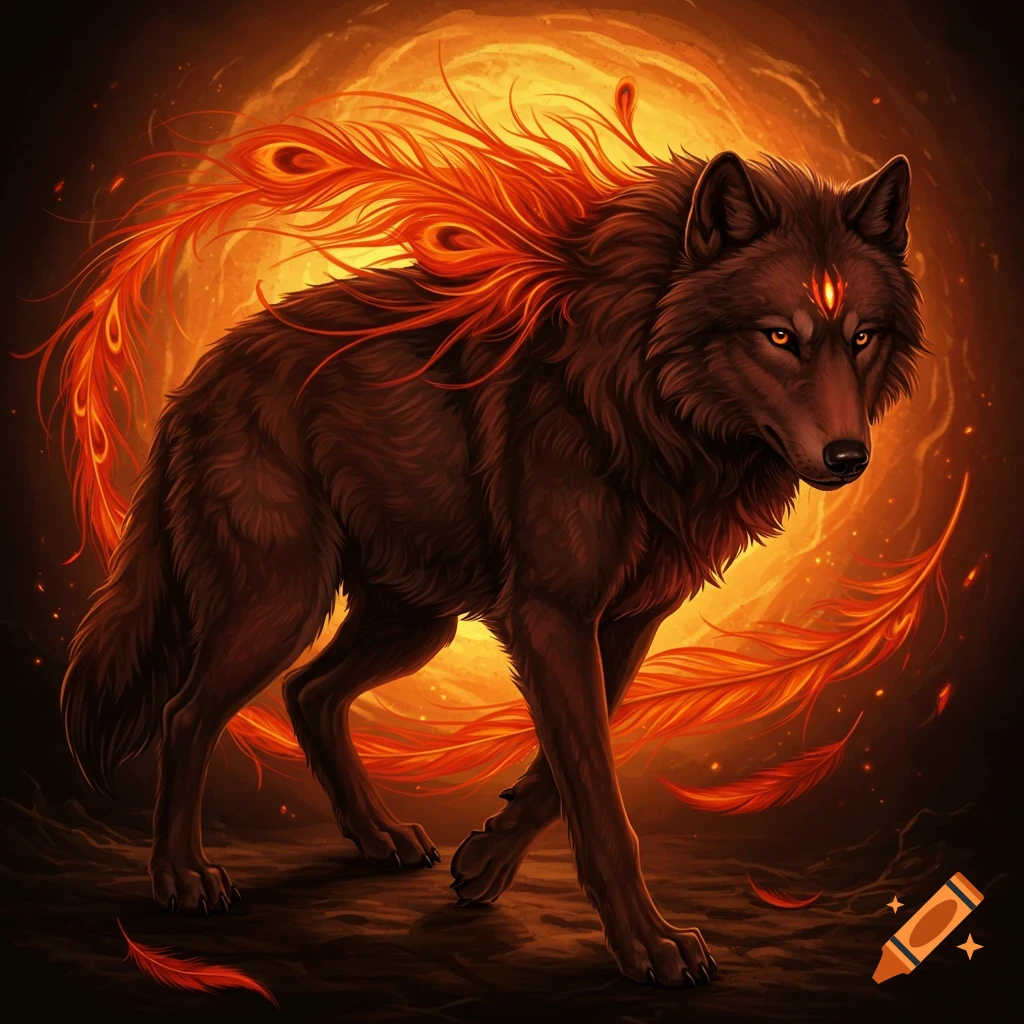A wolf adorned with vibrant fiery phoenix feathers.