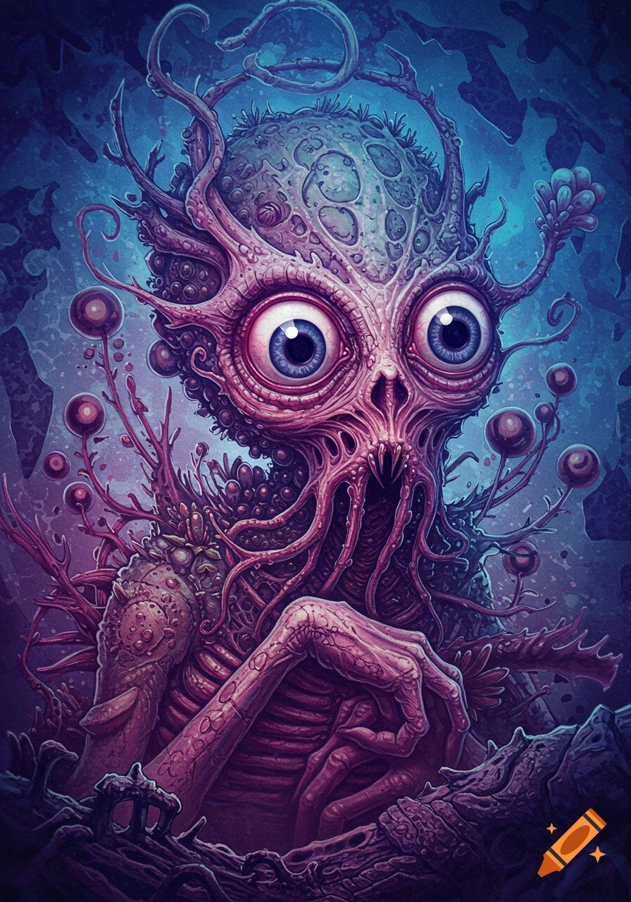 Surreal illustration of a strange creature with large eyes and tentacles