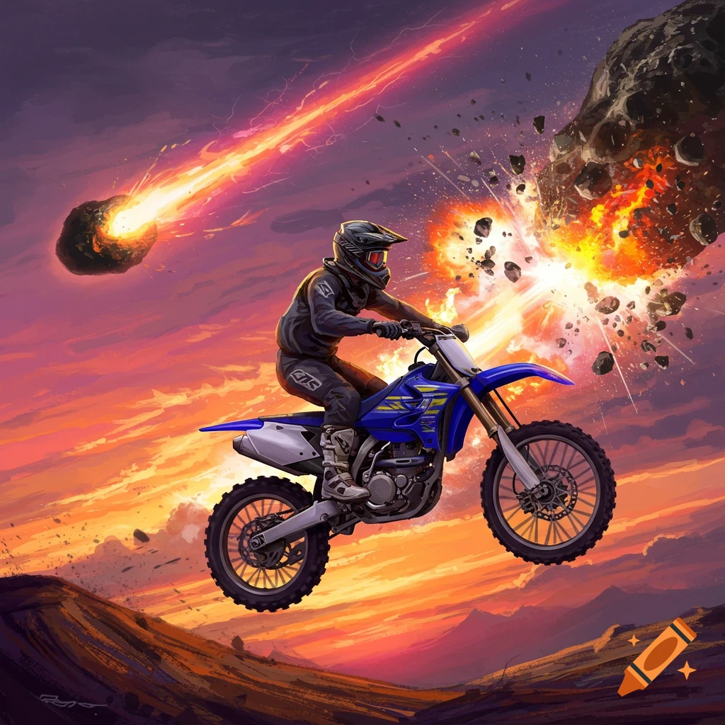 A dirtbike rider is captured mid-air, performing a daring jump as an asteroid strike unfolds in the background with meteors streaking across the sky.