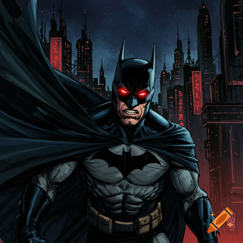 Batman with glowing red eyes stands before a futuristic city skyline in a comic style.