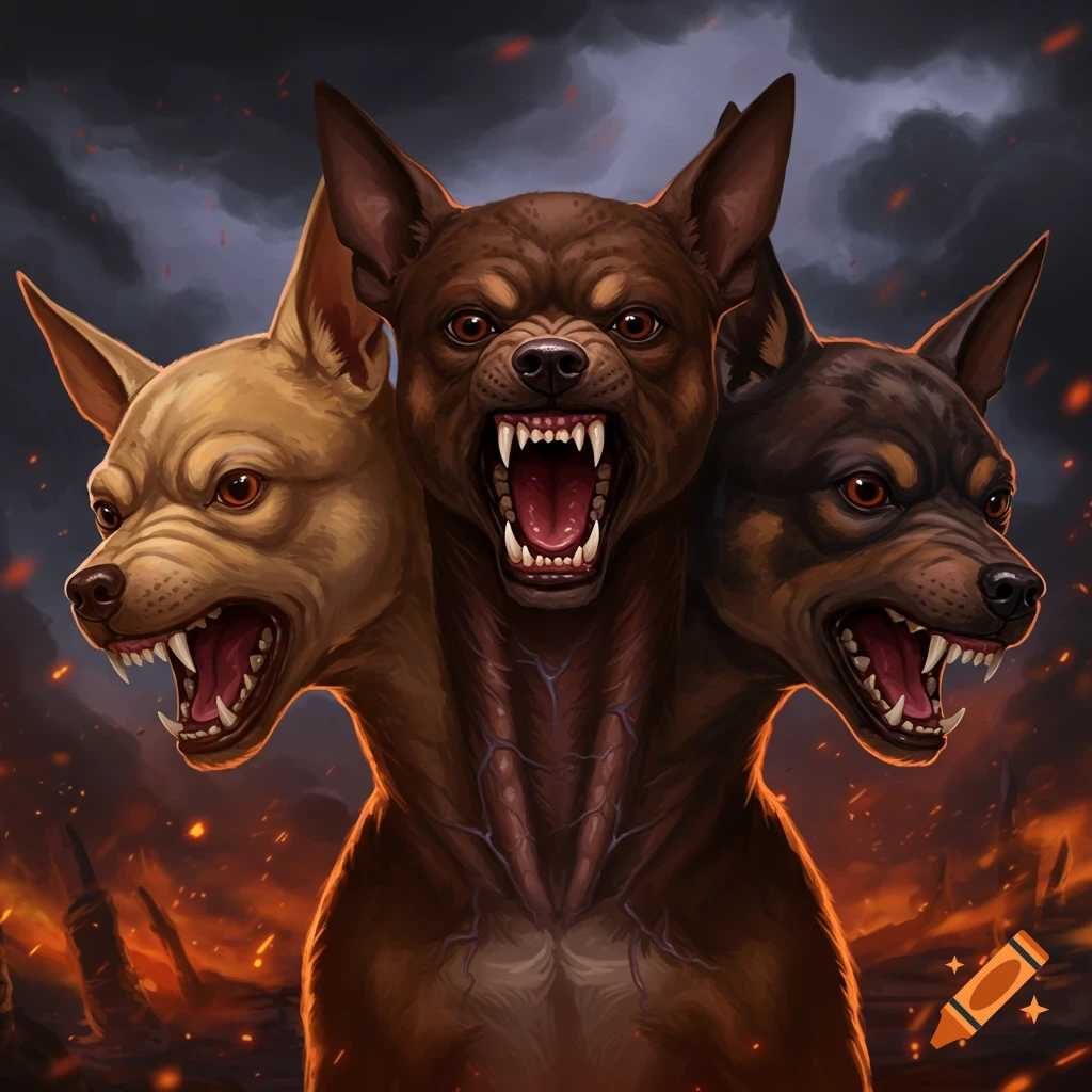 A three-headed chihuahua Cerberus snarling in a fiery underworld setting.