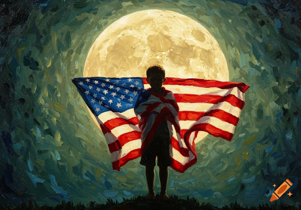 Post-impressionist painting of a child's silhouette wrapped in an American flag against a full moon.