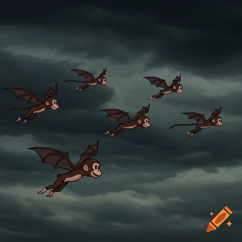 Cartoon flying monkeys with bat wings soar through a dark, stormy sky.