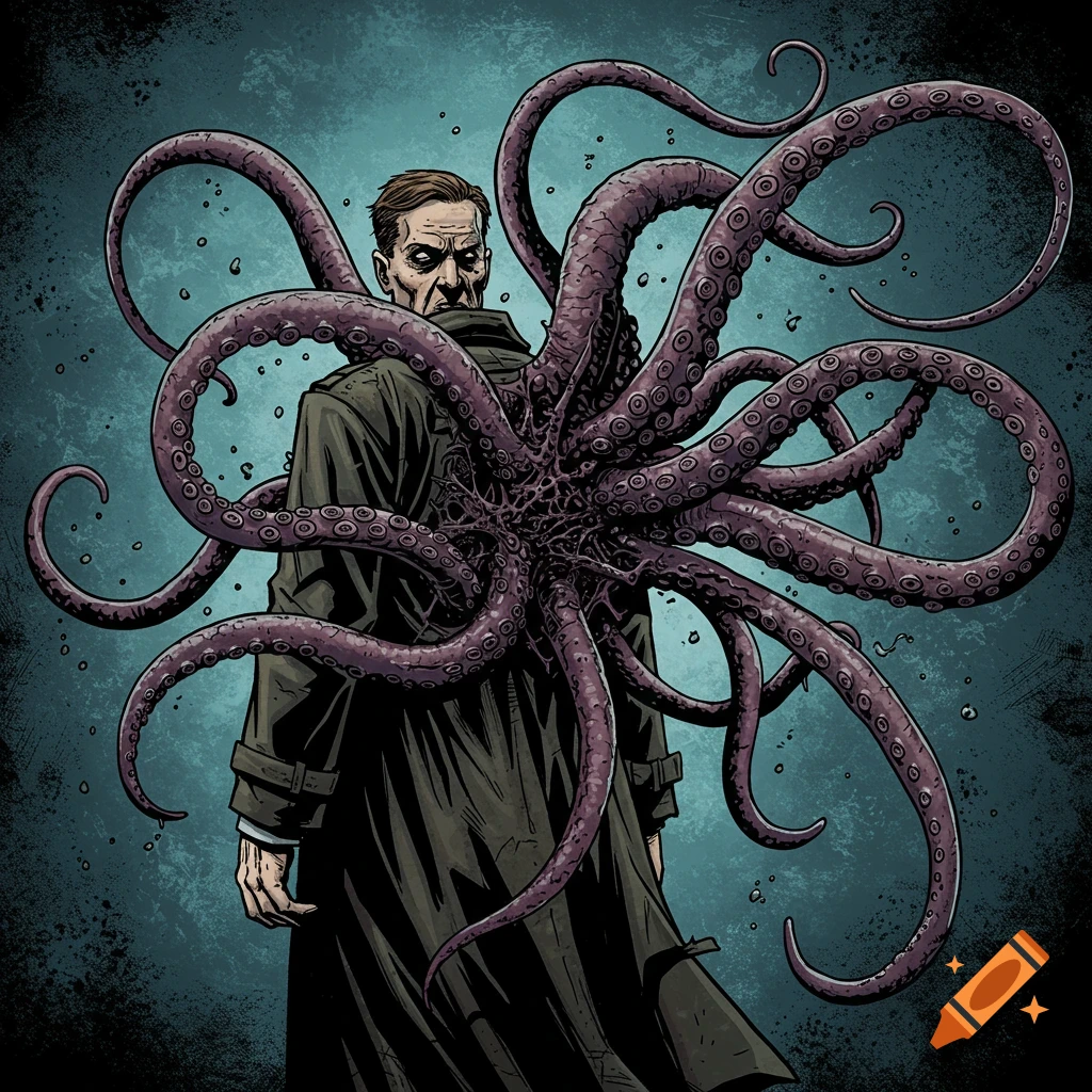 Illustration of a man in a trench coat with tentacles growing from his back, in a comic book style.