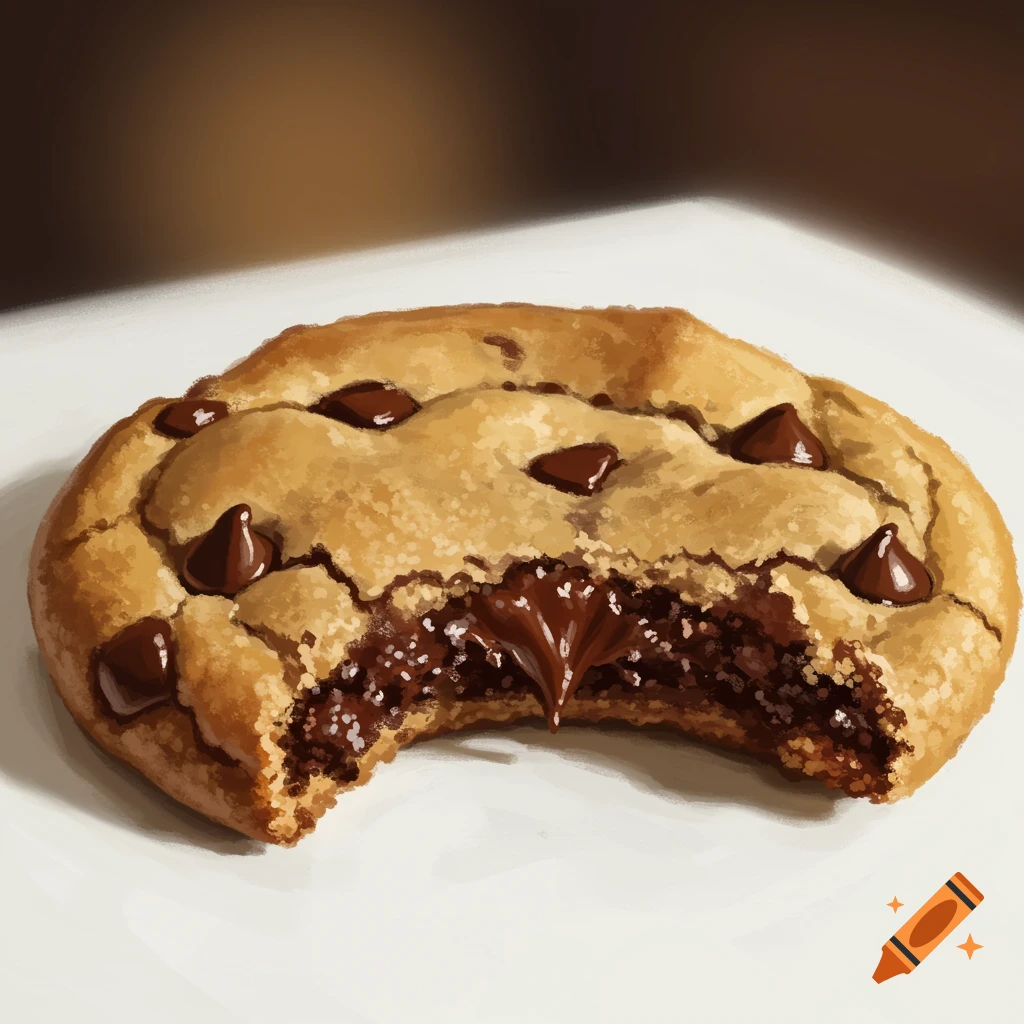 A chocolate chip cookie with a bite taken out, showing melted chocolate inside.