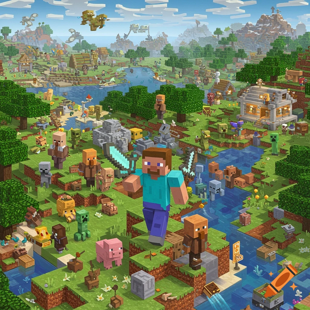 A sprawling Minecraft landscape filled with characters including Steve, Alex, villagers, pigs, and various mobs in diverse biomes.