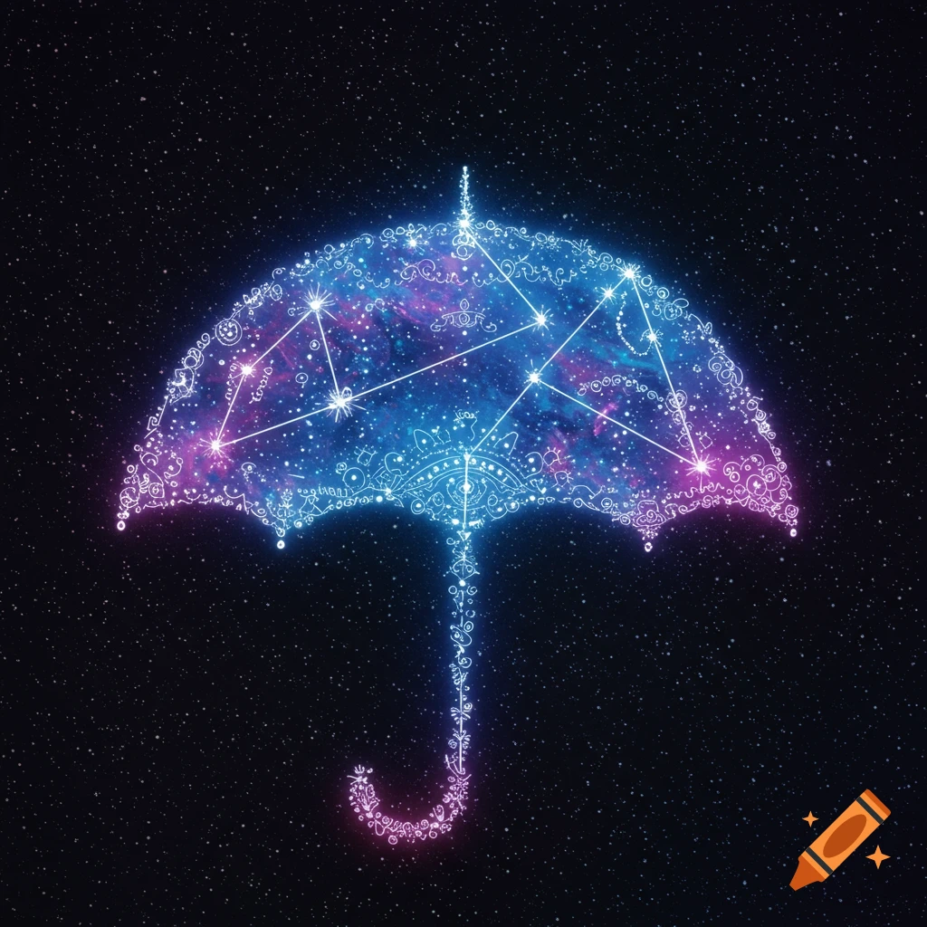 A glowing umbrella made of constellations and nebulas against a starry background, digital art.