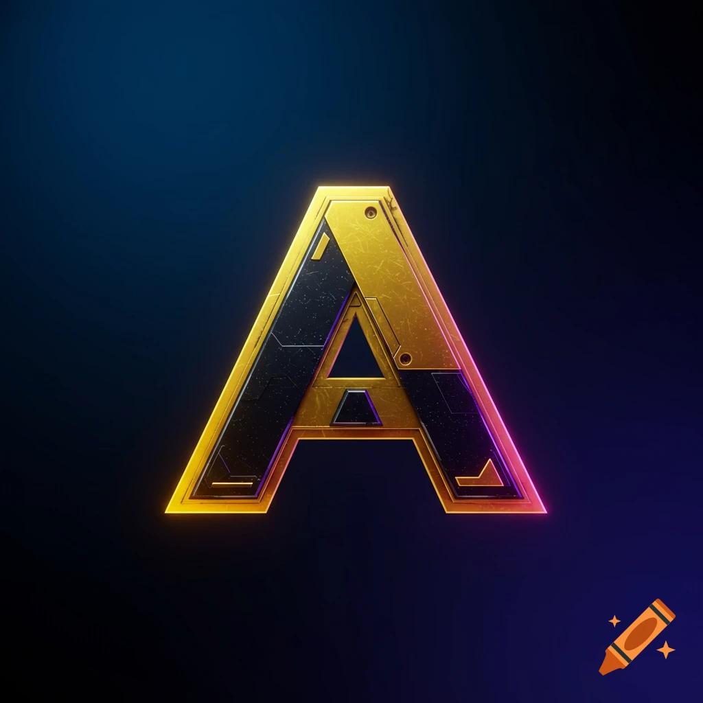 Stylized metallic gold and black letter A with glowing edges on dark background.