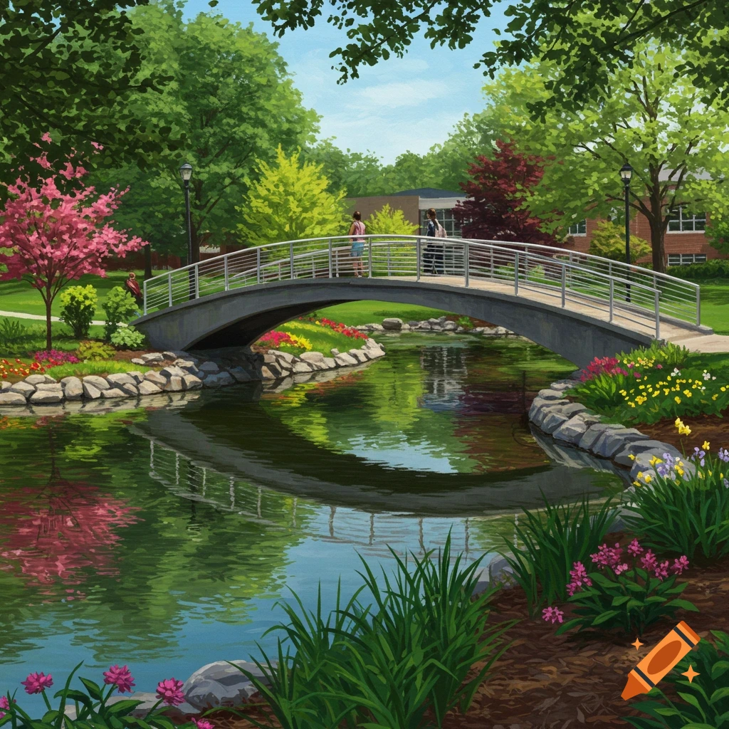 A bridge over a stream in a park with trees, flowers, and people walking on the bridge.