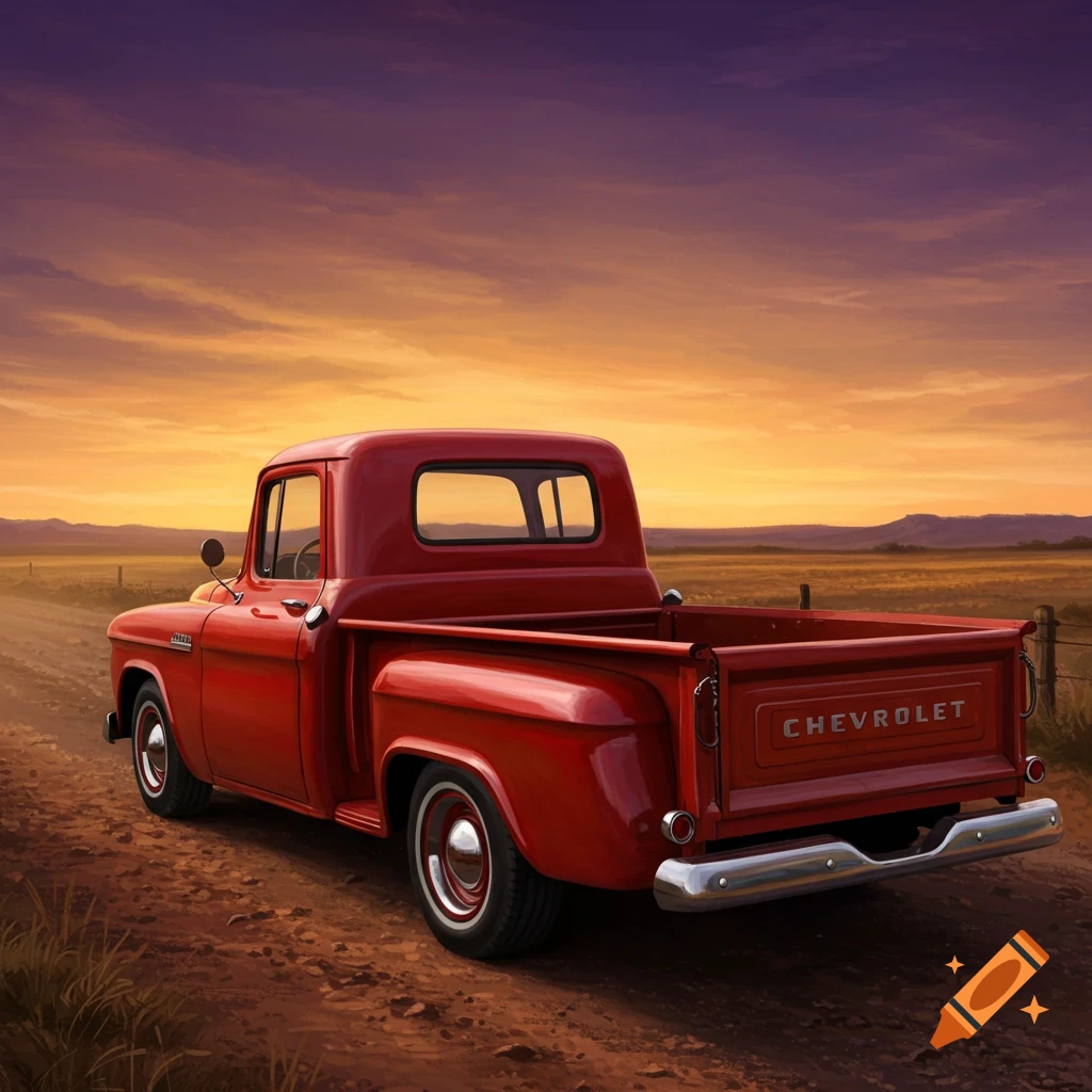 A red Chevy pickup truck on a dirt road at sunset.