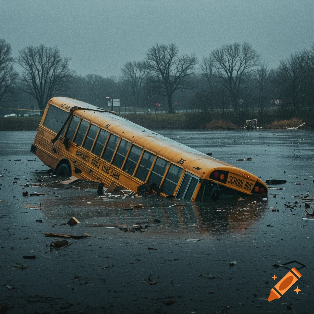 A yellow school bus is partially submerged in dark, murky water filled with debris under an overcast sky.