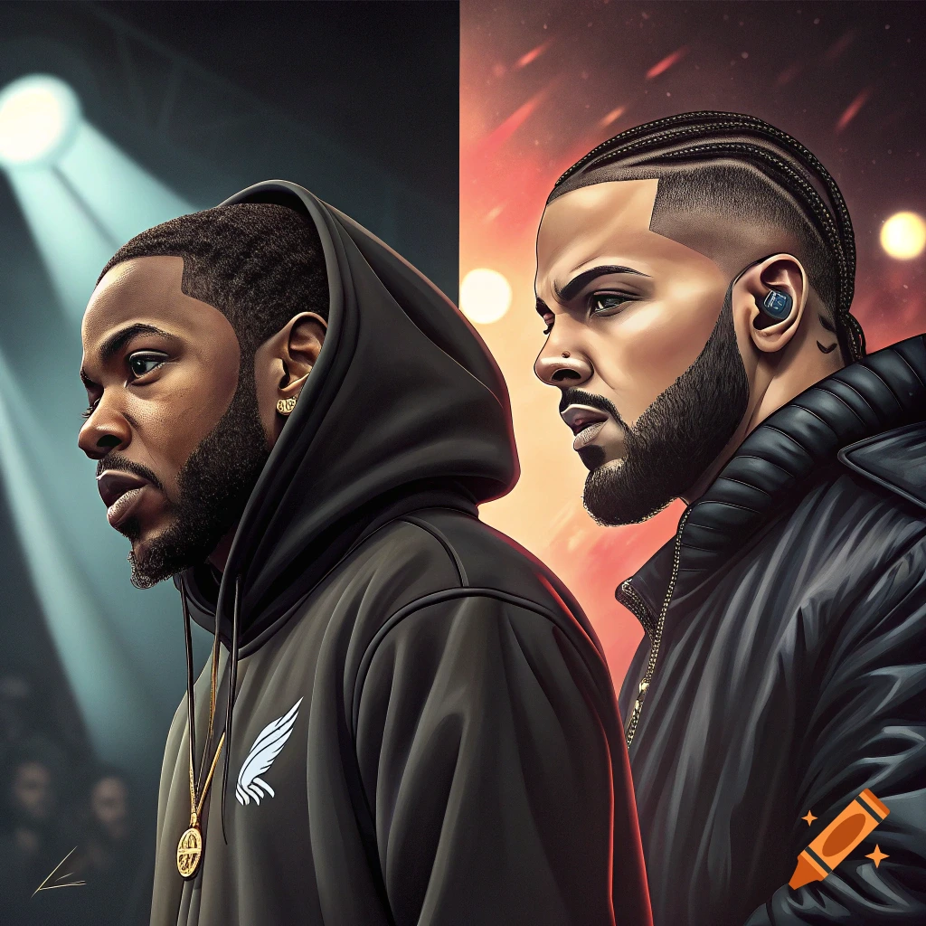 Two men, one in a hoodie and one in a jacket, are on a split screen stage background.