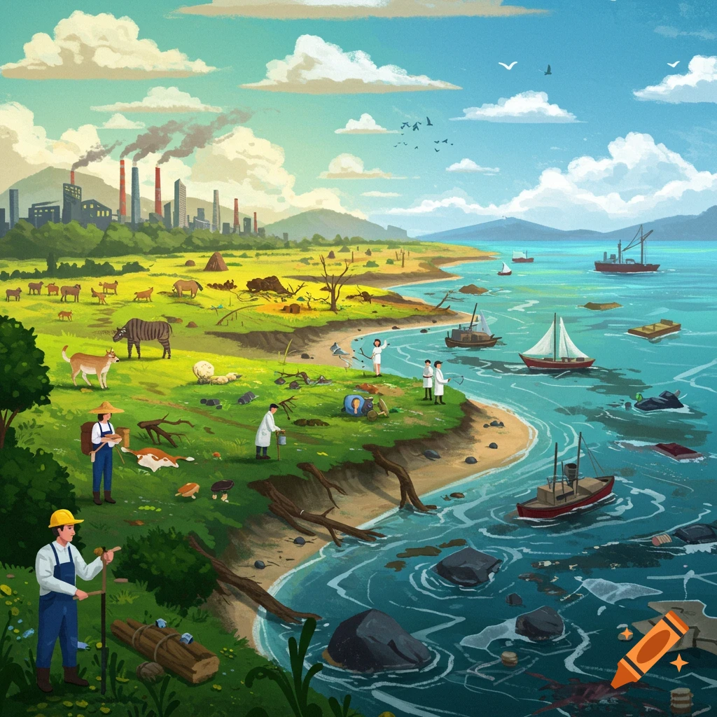 A landscape showing the impact of industry and pollution on the environment, with people and animals.