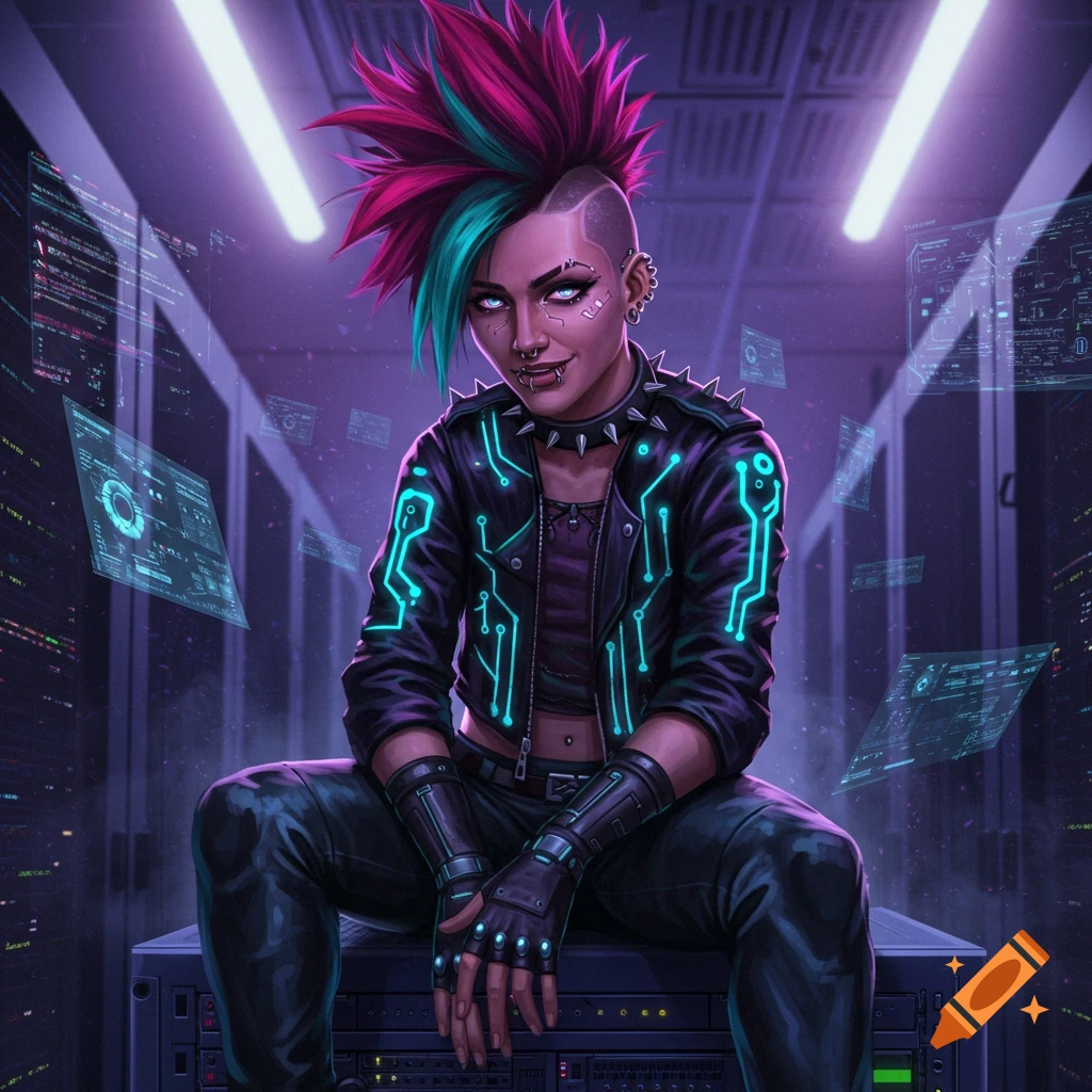 Cyberpunk punk woman with neon hair sitting on server racks in data center, digital art.