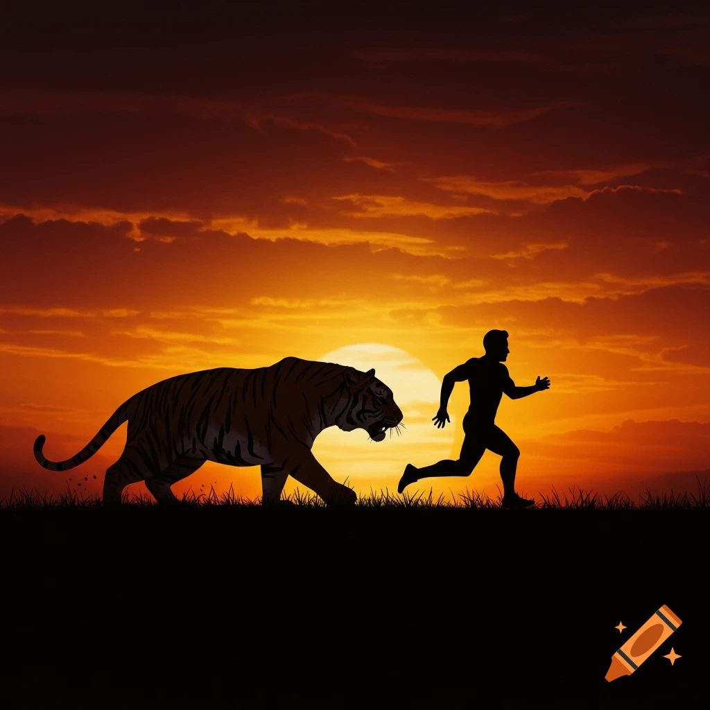 A silhouette of a man running from a tiger at sunset.