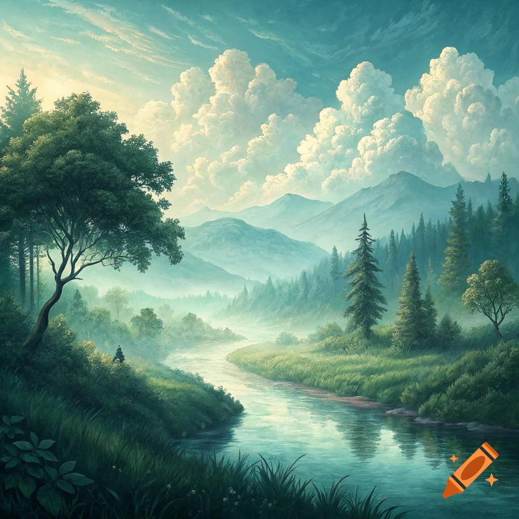 Vibrant landscape painting of a river flowing through a forest valley under a cloudy sky.