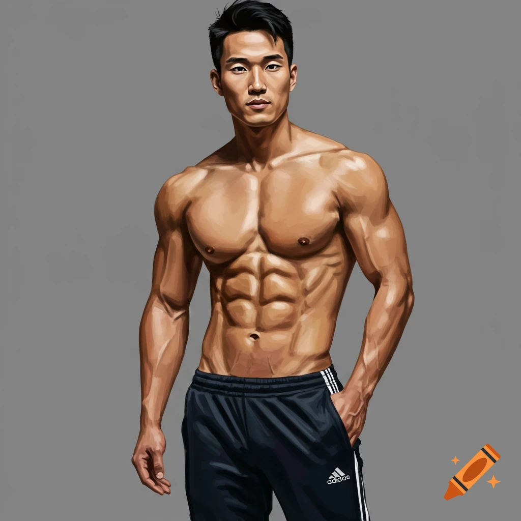 A muscular Asian man with 6 pack abs poses in track pants with one hand in his pocket.