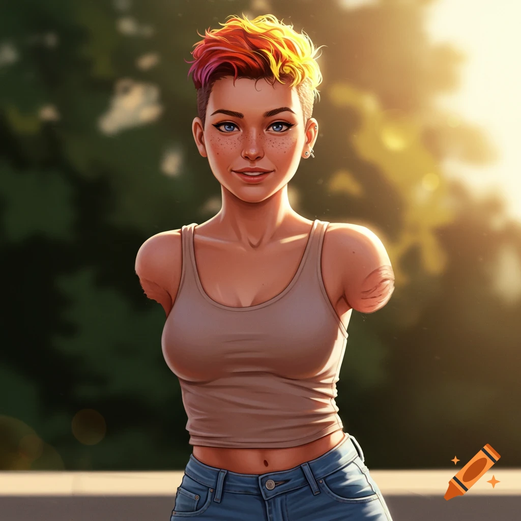 A young woman amputee with vibrant short hair, wearing a tank top and jeans, stands outdoors in sunlight.