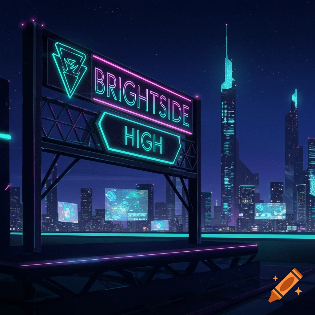 A futuristic city skyline at night with a large neon sign displaying 'Brightside High'.