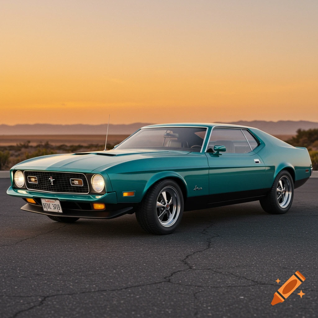 A teal classic Ford Mustang is parked on asphalt in a desert landscape with an orange sunset sky.