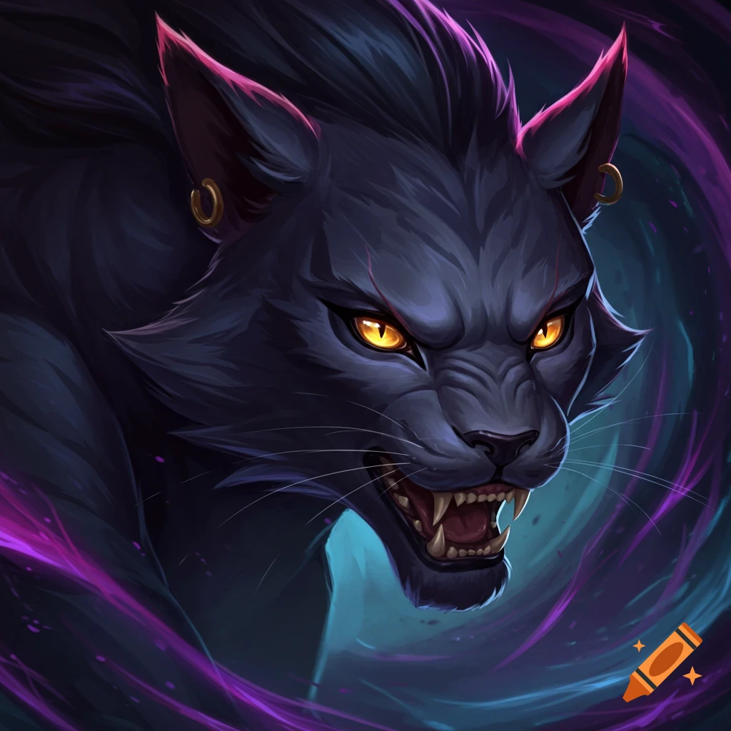 A fierce dark creature with glowing orange eyes and sharp teeth.