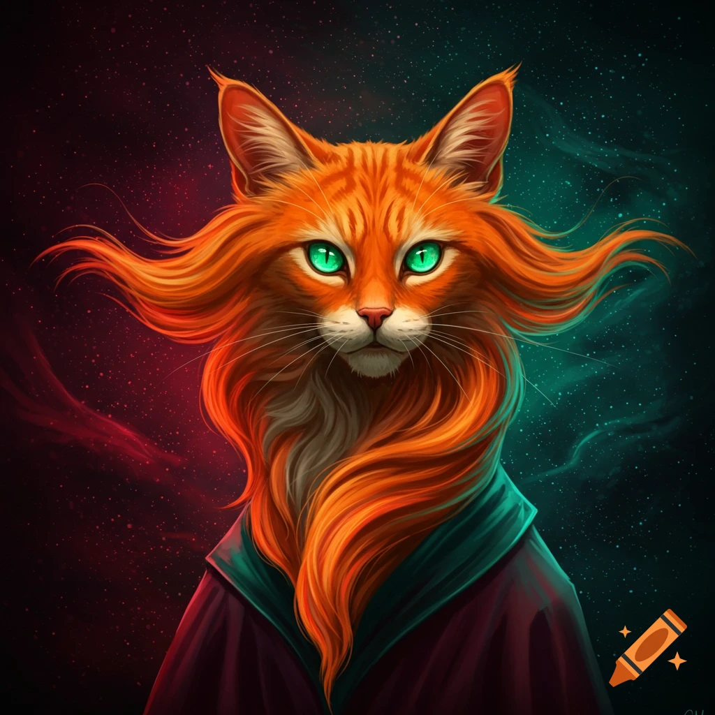 An orange cat wizard with glowing green eyes wears a purple cloak against a starry background.