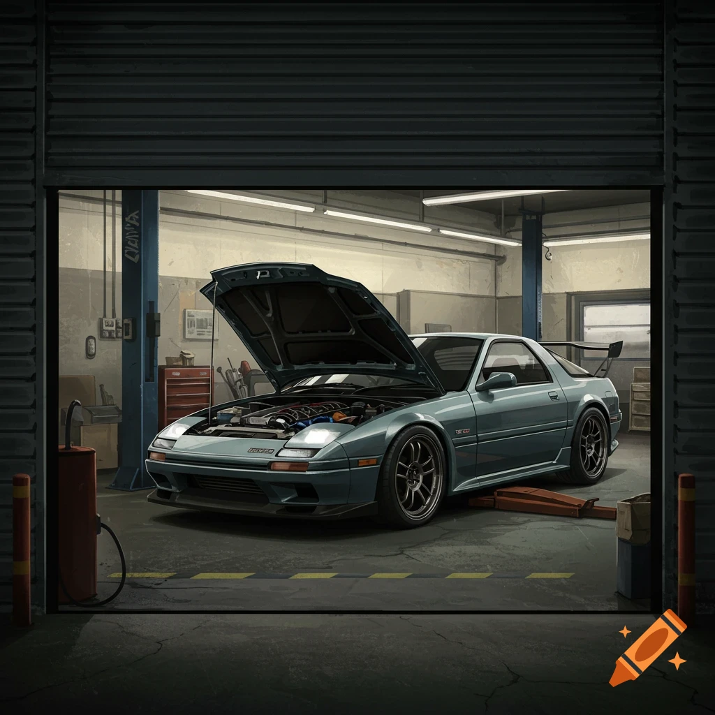 A gray Mazda RX-7 with the hood open is in a mechanic's garage.